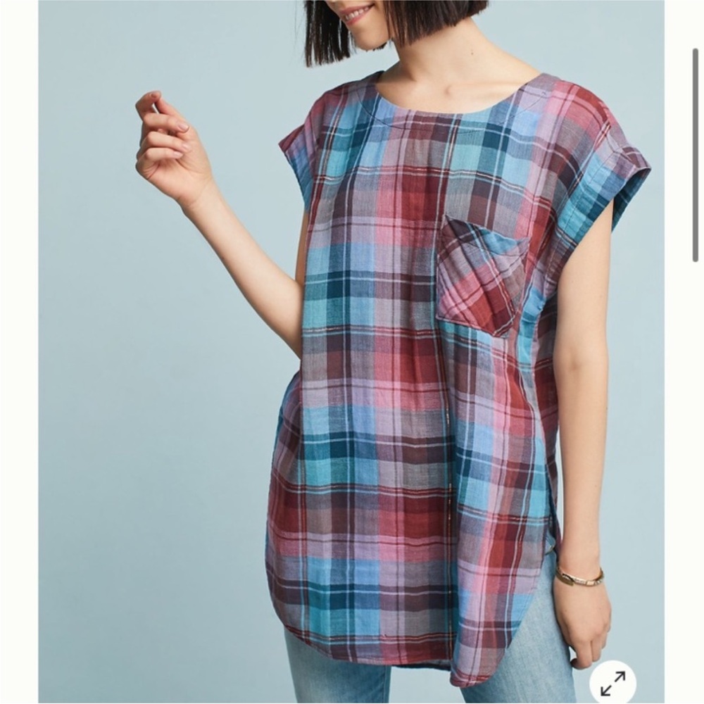 Anthropologie Akemi + Kin Cap Sleeve Plaid Tunic Blouse